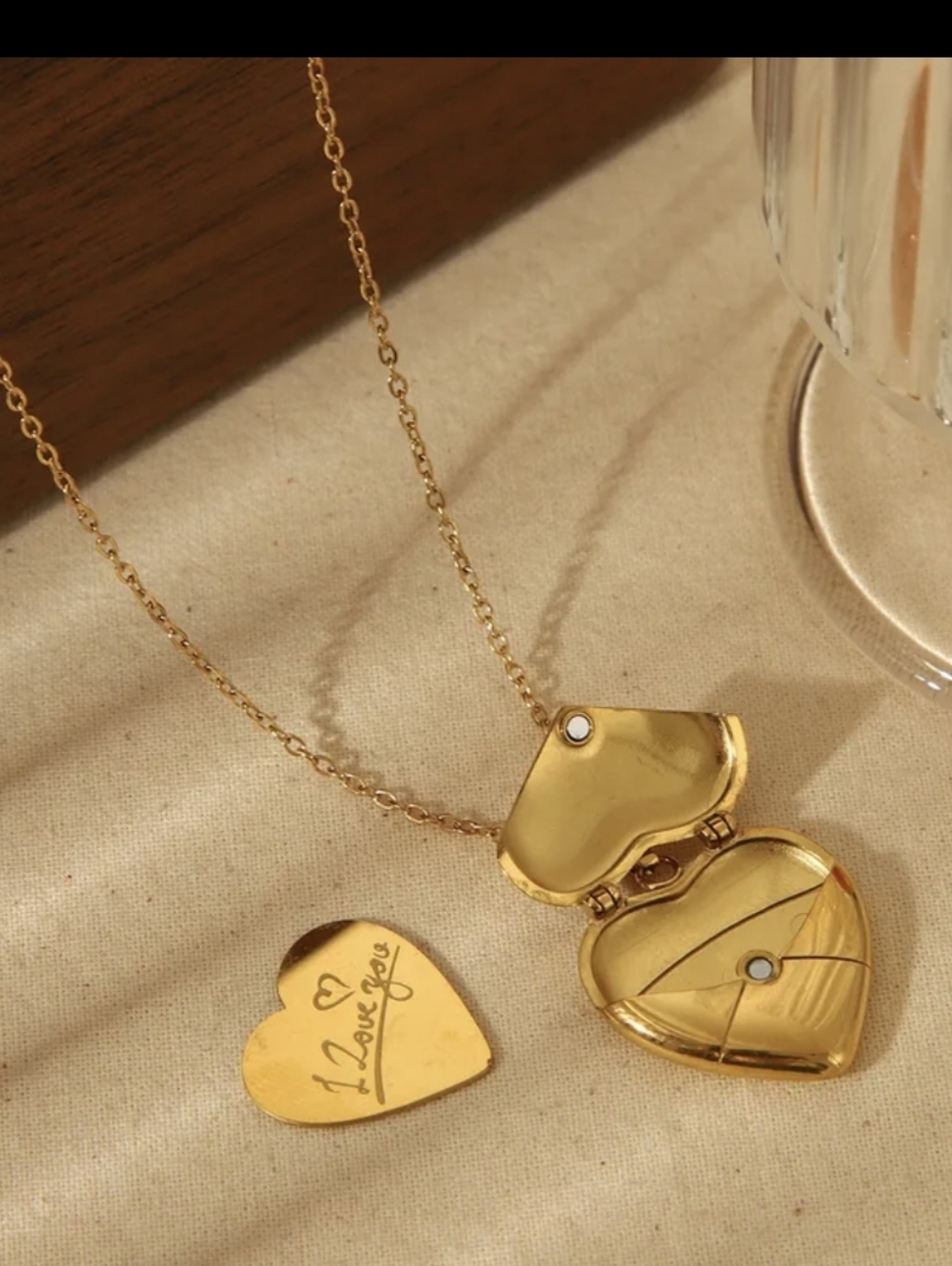 18K Gold Plated Heart Locket Necklace With Iove You Heart